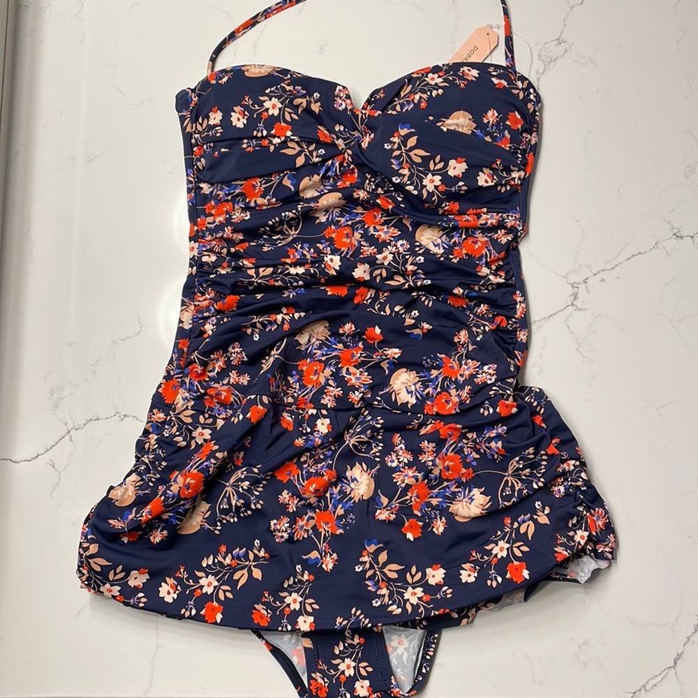 New Dobreva Women's Bandeau Halter Tummy Control One Piece Skirted Swimsuit